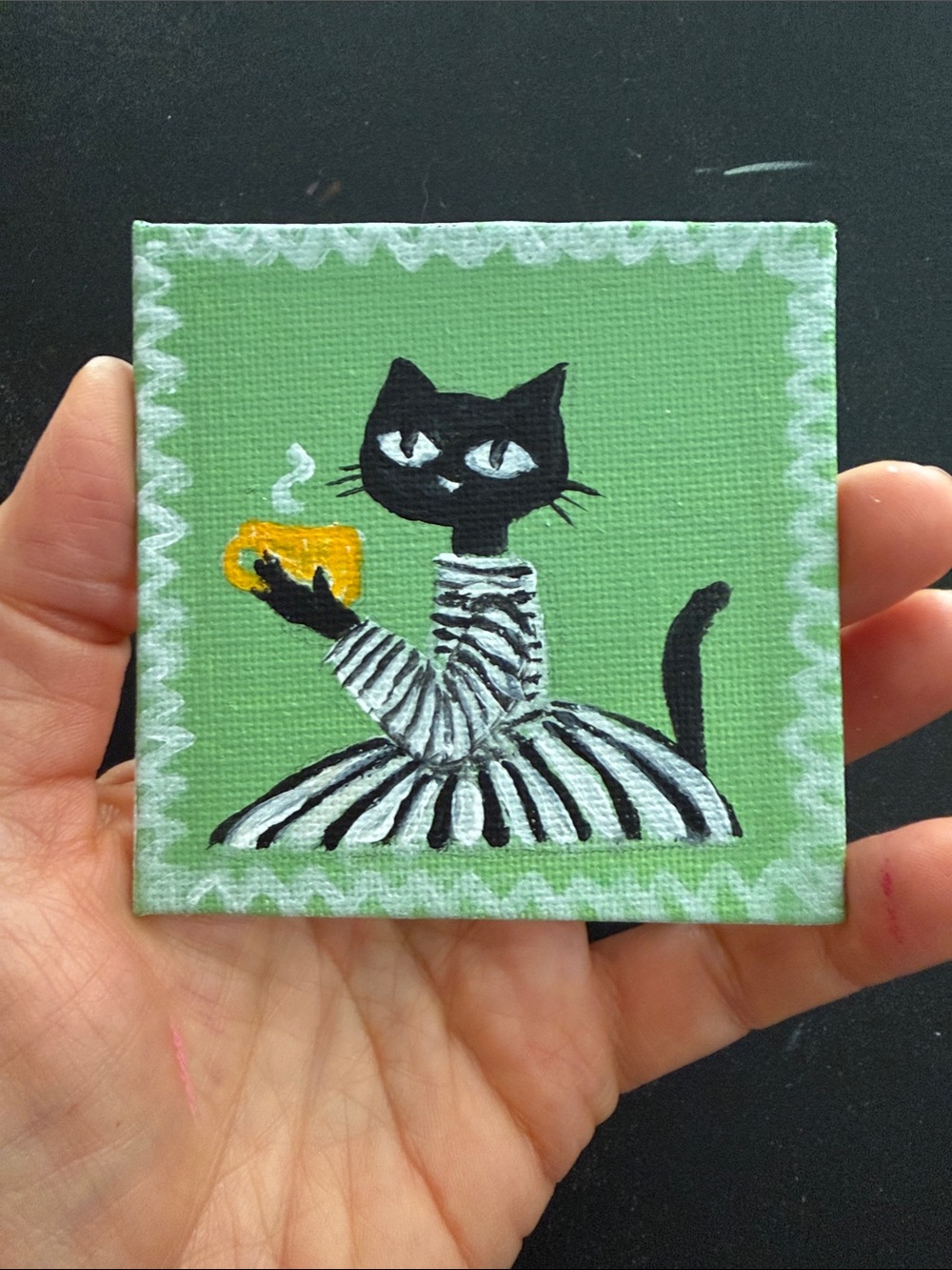 Hand-Painted Black Cat Canvas Art - Green Background, fridge magnet 3"x 3"